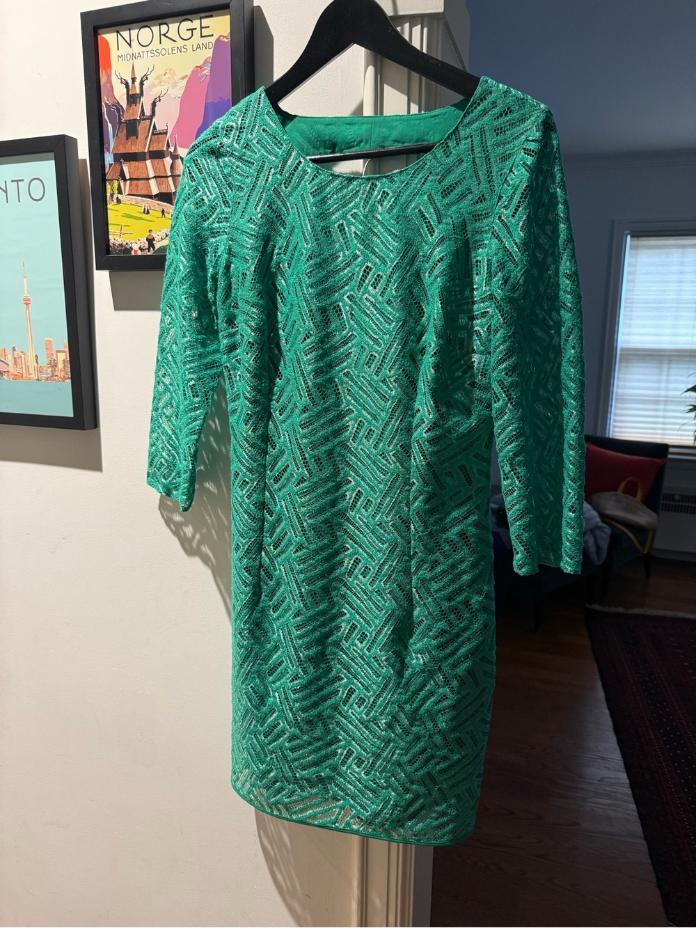 Lilly Pulitzer Camellia Dress A Vibrant Green Bamboo Geo Metallic Lace, sz 4